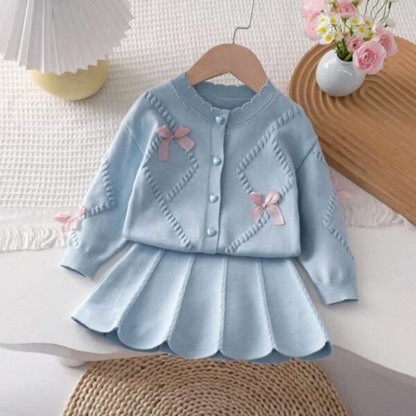 Pastel Blue Bow Knit Cardigan & Skirt Set